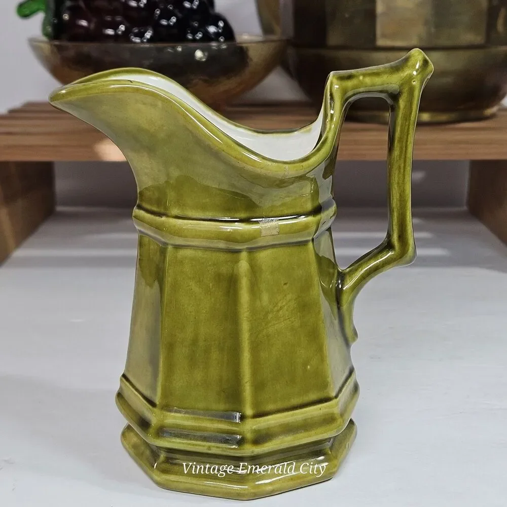 Vtg Studio Pottery Creamer Olive Green Paneled Octagon Mini Stone Pitcher Signed